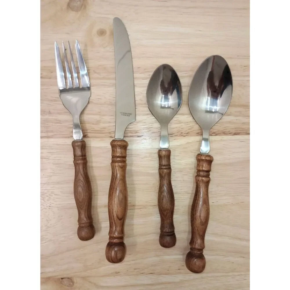 New old stock, vintage, MCM, wood handled flatware-silverware  set .Old Homestea